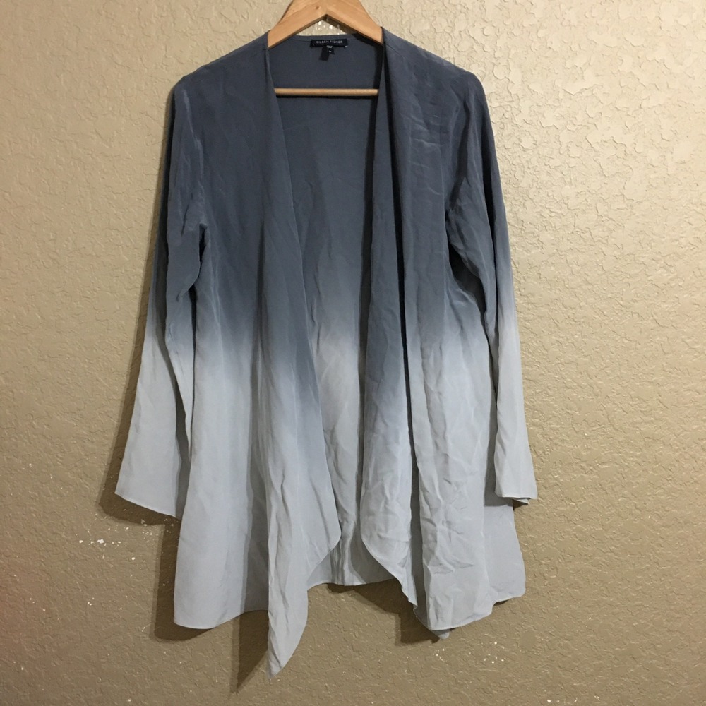 Eileen Fisher Silk Cardigan Women Medium Grey Open Front Long Sleeve
